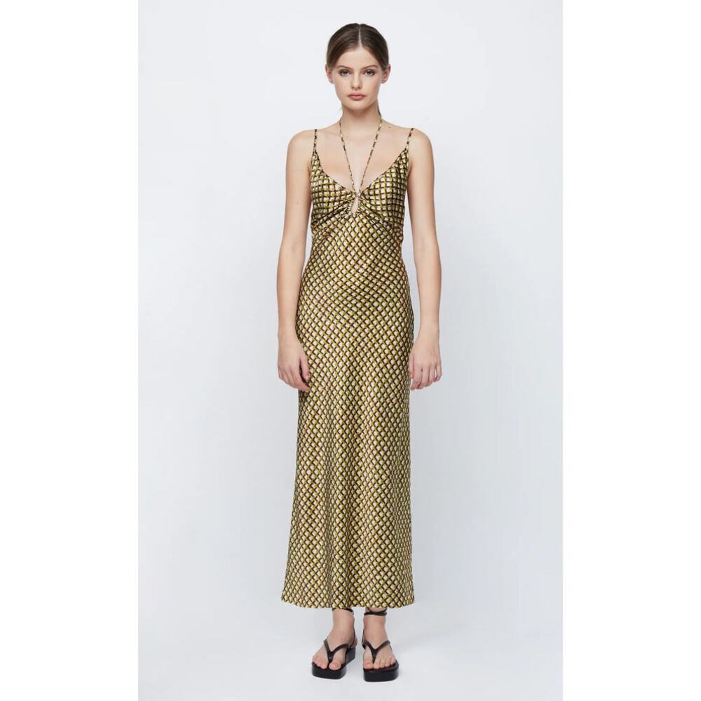 Bec + Bridge Open Back Quinn Silk Maxi Dress Halter Neck Geometric Size 8 NWOT